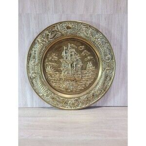 Vintage Brass Nautical Sailing Galleon Wall Plate Embossed Decor 13"